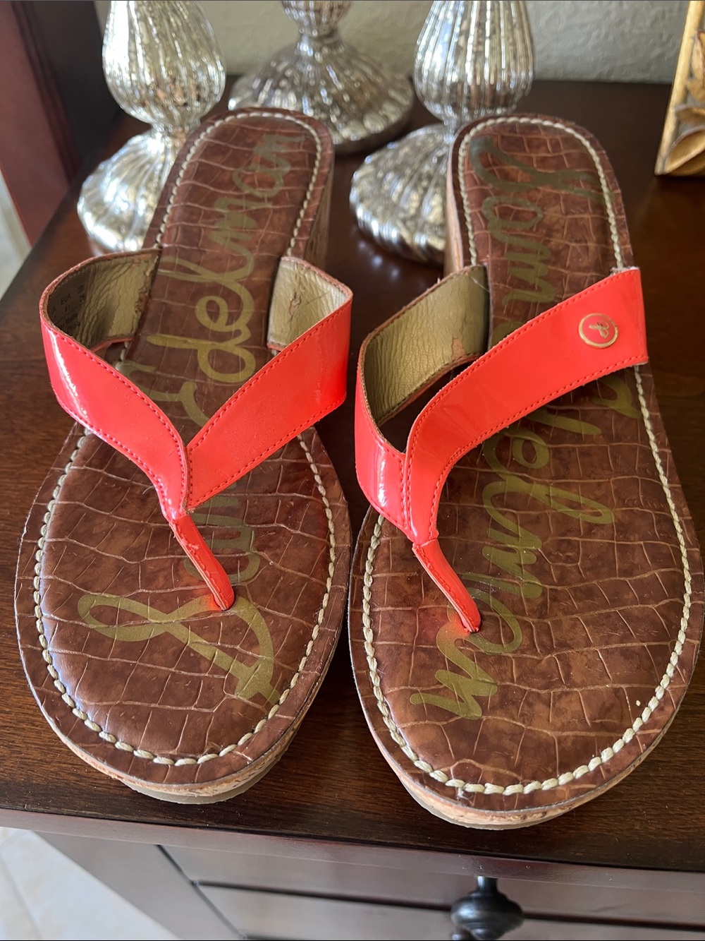 Sam Edelman Bright Coral Orange Leather Cork-Style Wedge Thong Sandals Size 9